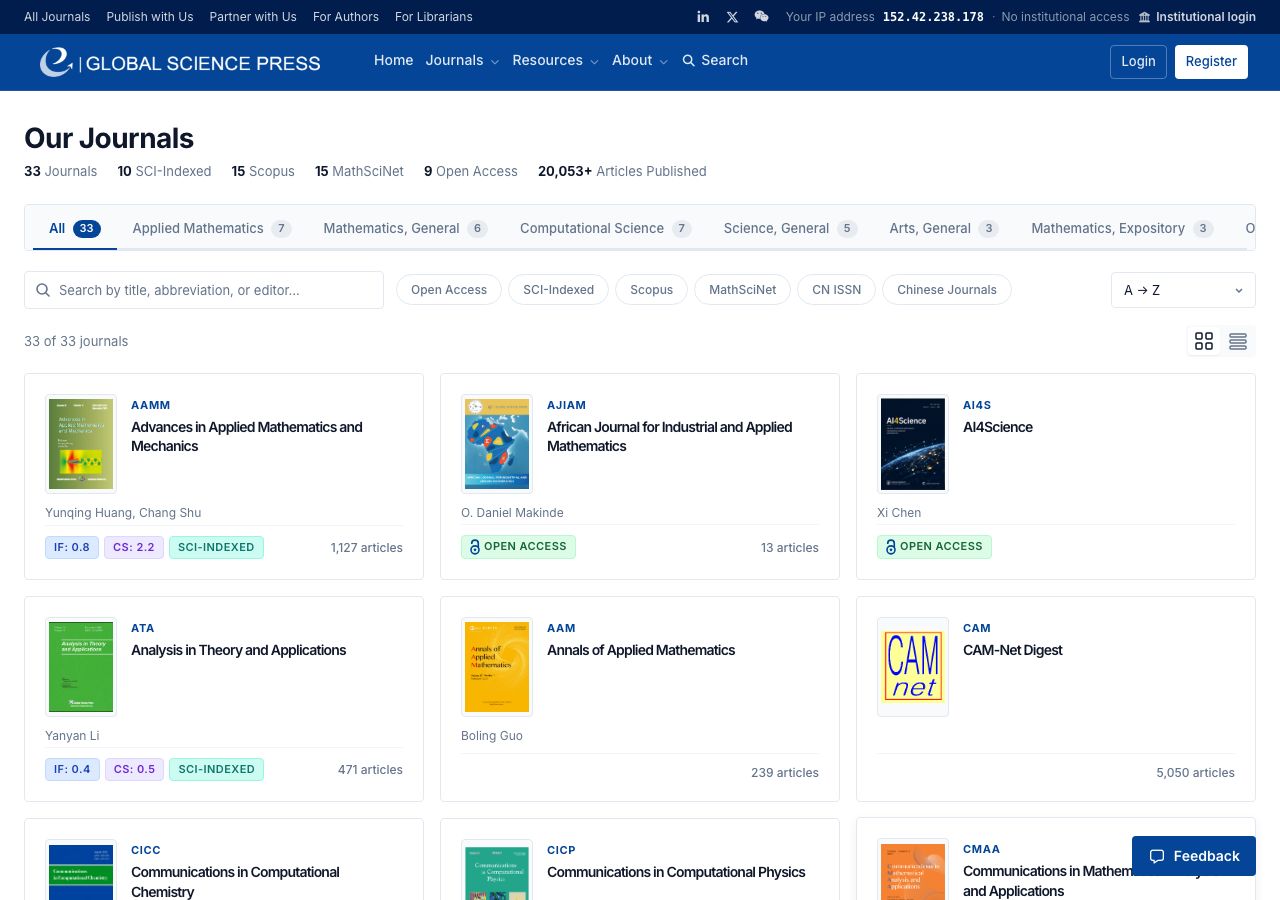 Publisher portfolio page listing journals with filters for open access, SCI-indexed, Scopus and MathSciNet