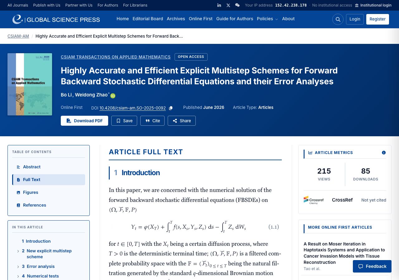 Article full-text reader showing an introduction with a rendered display equation, table of contents rail and article metrics