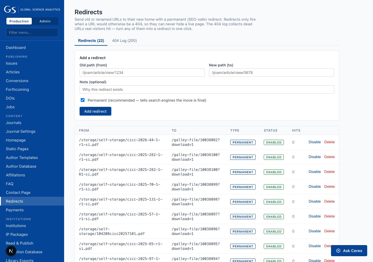 Redirect manager with a form to add a permanent redirect and a table of existing redirects, plus a 404 log tab